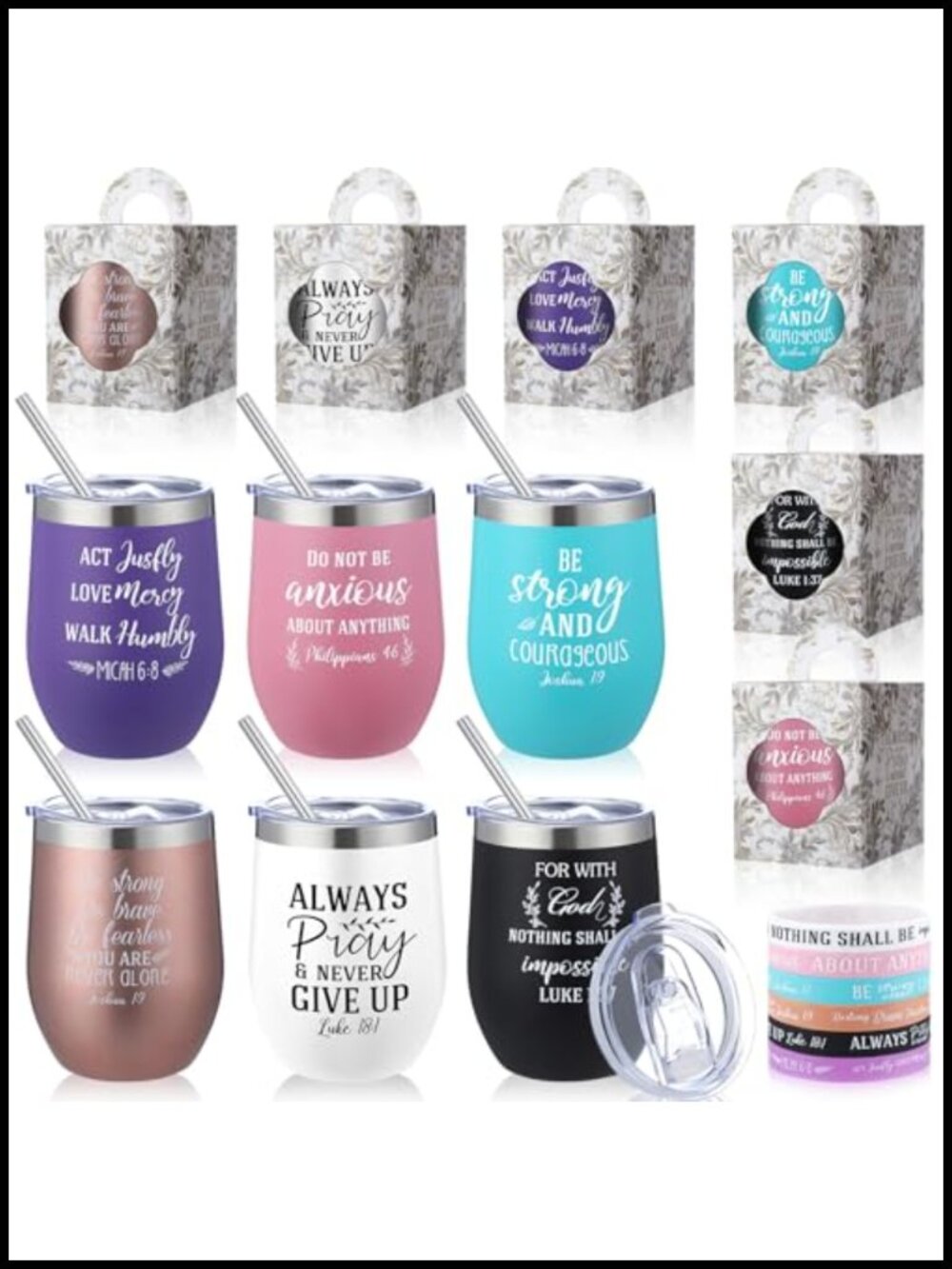 6pc Christian Tumbler Gift Set w Bible Verse Bracelets Straws